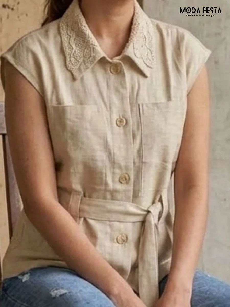 Lace Collar Button-Down Top with Waist Tie
